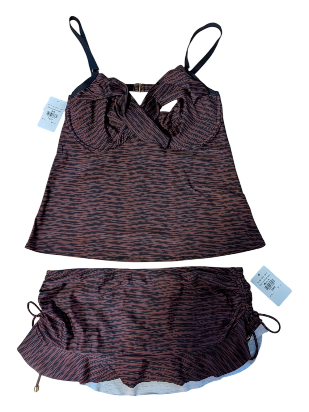 Striped Brown Two-Piece Women’s Swim Pajama Set with Skirt